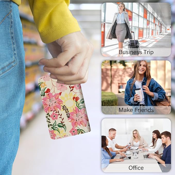 Business Card Holder，PU Leather Business Card Case Color Printing Pattern Card Holder Wallet，Pockets Magnetic Credit Card Holders for Men and Women - Red Yellow Flowers