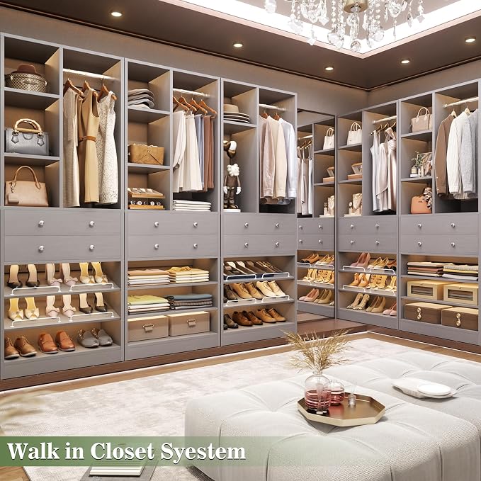 Besiost Closet System, 112"/9.3 FT Closet Organizer System with 8 Drawers and Shelves, Fit 120"/10FT Walk-in Closets Systems, Free Standing Reach in Closet Tower, Load 2400+LBS, Morandi Grey 4 Pack