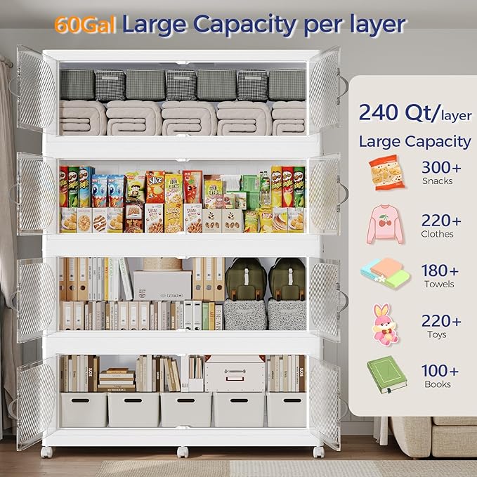 1200QT Extra Large Stackable Storage Bins with Lid & Wheels & Doors, 300Gal Foldable Collapsible Closet Organizers, Plastic Cabinet Box Container Drawer for Home Kitchen Bedroom, 5Pack White