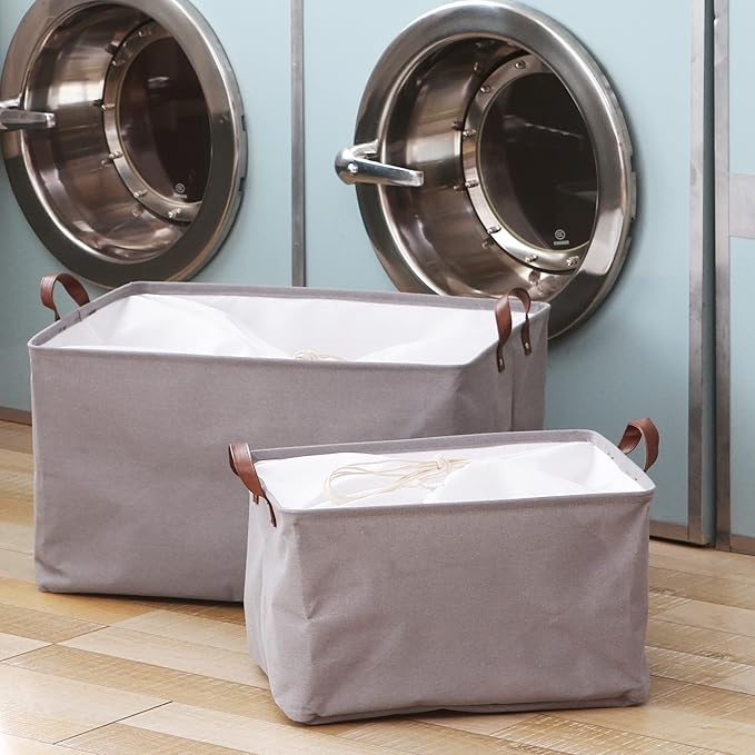 Hinwo 31L Large Storage Bins, 2-Pack Closet Organizers and Storage, Foldable Clothes Storage Baskets with Handles, Containers for Clothing, Blanket, Towels, Toys, Bedding (Gray)