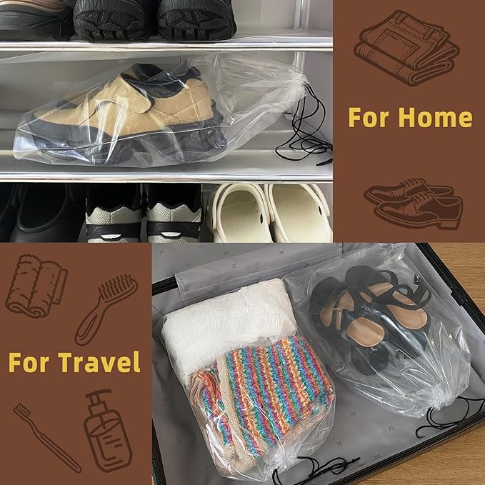50 Pack Clear Shoe Bags for Travel, 12"x18" Large Travel Shoe Bags for Storage and Packing, Waterproof Drawstring Shoe Bag for Traveling, Bulk Travel Essentials for Men and Women