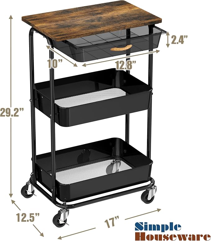 Simple Houseware 3-Tier Utility Cart with Drawer & Wood Top, Rustic Brown | Mobile Sofa Side Table, Nightstand, Slim Storage Organizer Trolley for Bedroom, Bathroom, Office & Art Supplies