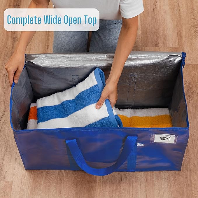 VENO 8 Pack Heavy Duty Moving Bags, 90L Extra Large Packing Storage Totes, 50lbs Load, Reinforced Handles, Zippers & Tag, for College Dorm Essentials, Clothes, Bedding (Blue)