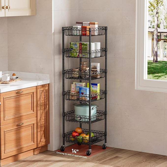 Golpart Basket Shelves Closet Rack with Wheels Metal Pantry Wire Shelf Unit | 6 tier Storage Rolling Shelving Bathroom Organizers Kitchen Garage Laundry Room Organization Home 13.6"Dx13.6"Wx63"H Black