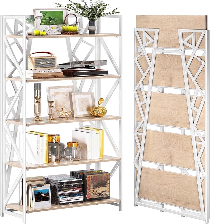UDD No Assembly Wide Folding Bookshelf, 64.3" H x 30.9" W, 5 Tier Foldable Book Shelf Industrial Bookcase, Vintage Collapsible Storage Shelves for Home Office Living Room Bedroom, Light Oak White