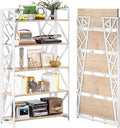 UDD No Assembly Wide Folding Bookshelf, 64.3" H x 30.9" W, 5 Tier Foldable Book Shelf Industrial Bookcase, Vintage Collapsible Storage Shelves for Home Office Living Room Bedroom, Light Oak White