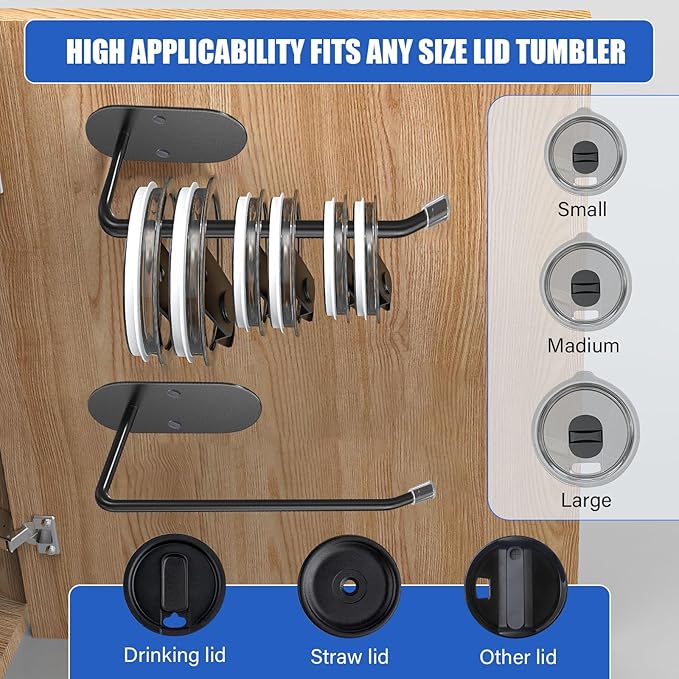 Tumbler Lid Organizer 2 Pack,Space Saving Cup Lid Hook for Simple Modern Cup Lids,Lid Storage Rack Used in Kitchen Storage Cabinet Inside Or Under (Black)