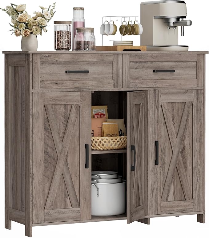 Homhedy Sideboard Buffet Cabinet, Coffee Bar Storage Cabinet with Drawers and Doors, Farmhouse Kitchen Cabinet with Adjustable Shelves, for Kitchen, Dining Room, Living Room, Greige