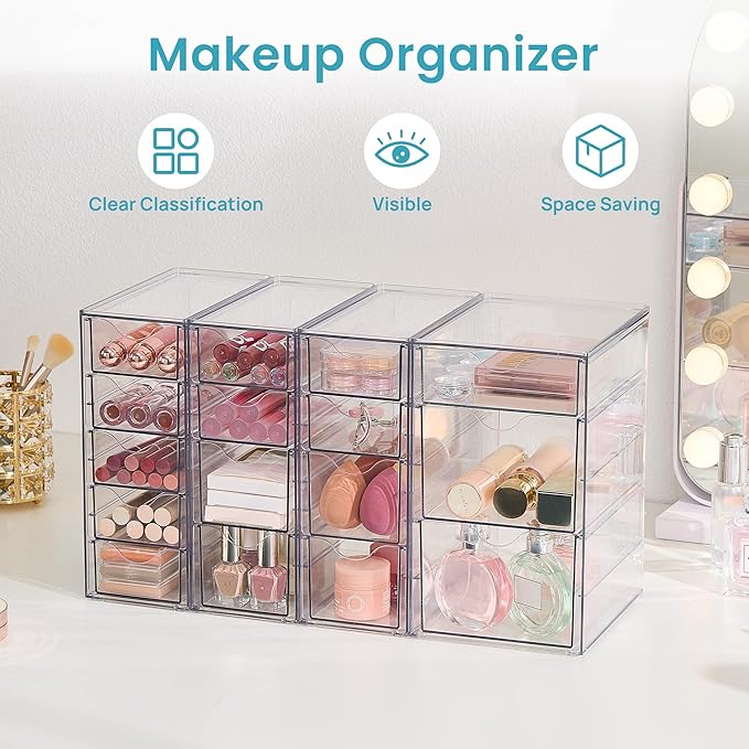 Vtopmart 4 Set Clear Desk Organizer, Acrylic Pen Organizer with 16 Drawers | Desktop Organization and Storage, Clear Storage Drawers for Office Supplies, Pen, Makeup, Art Craft, Jewelry, Nail