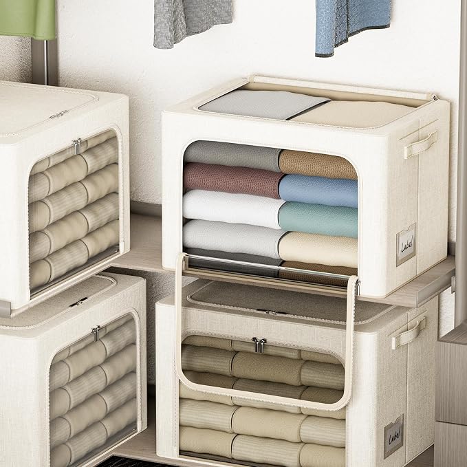 4 Pack Clothes Storage Bins with Metal Frame - 22L Stackable Storage Box with Lid，Foldable Storage Container Organizer for Clothes，Linen Fabric Storage Box with Clear Window＆Zippers＆Handles
