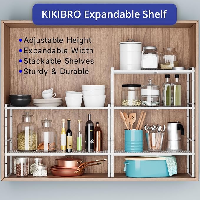Expandable Cabinet Shelf Organizers, Kitchen Small Stand Rack Organization for Countertop Cupborad Pantry Desktop Spice Rack, White 1 Pack