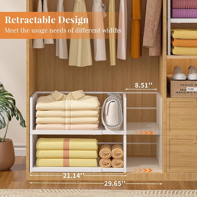Expandable Closet Organizers and Storage, 2 Pack Stackable Closet Shelves, Metal Clothes Sweater Shelf Organizer for Closet, Multifunctional Storage Basket for Office Bathroom Bedroom Dressing, White