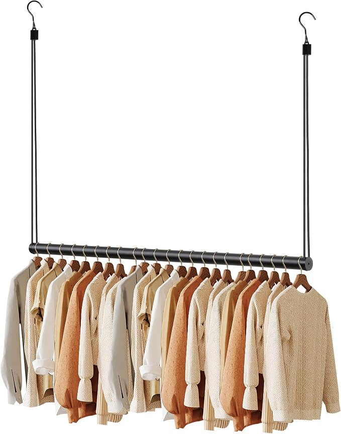 BaiNong Adjustable Closet Hanging Rod 44" Black Closet Rod Extender | Heavy Duty Double Hanging Closet Rod, Walk-in Closets, and Clothes Rack to Maximize Storage Space