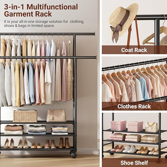 SLEEPING LAMB 44" Double Rods Clothes Rack for Hanging Clothes, Sturdy Wardrobe Clothing Rack with 3 Tier Shelves, Portable Rolling Garment Rack With Wheels for Bedroom, Laundry Living Room, Black
