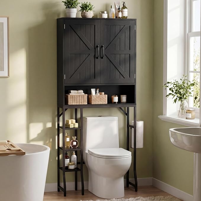 31" Over The Toilet Storage Cabinet with Barn Door,Bathroom Organizers and Storage with Adjustable Shelves, Farmhouse Over Toilet Organizer for Bathroom,Restroom,Laundry,Black