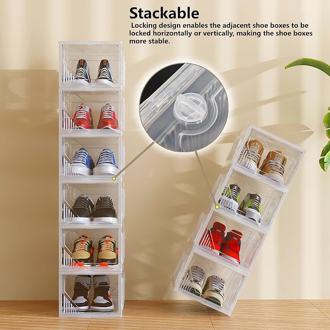 AWTATOS Shoe Storage Boxes, Fit up to US Size 15, 6 Pack | Stackable Shoe Organizer, Thickened Shoe Container with Magnetic Door, Shoe Rack for Entryway, Closet, Under Bed, Clear