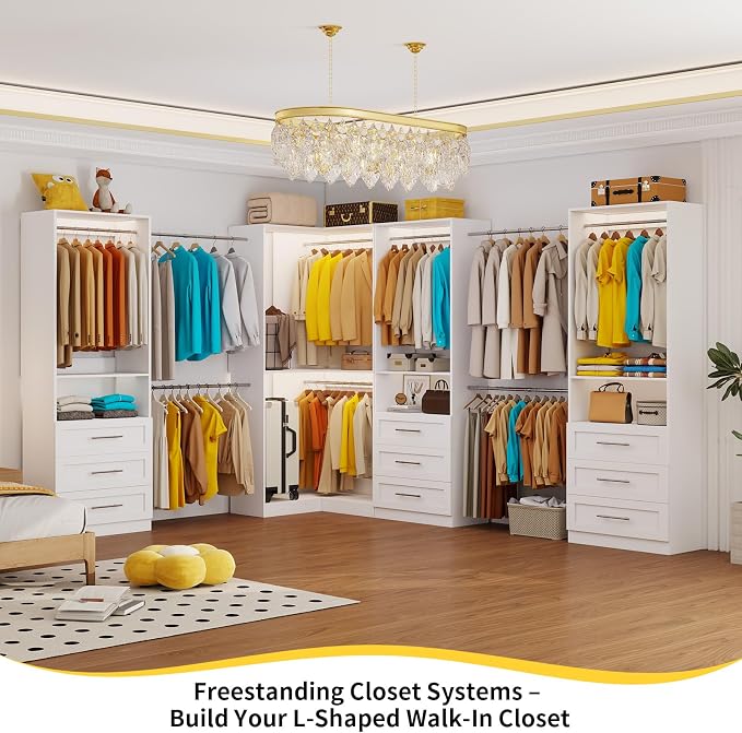 Closet System with 9 Drawers, Corner Closet Organizer System with 9 Hanging Rods Walk in Wooden Modular Closet Storage System L-Shaped 4 Sets, 2800+ Lbs Capacity White