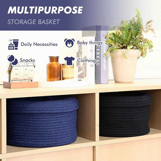 Sea Team Round Cotton Rope Storage Basket with Lid, Lidded Woven Storage Bin, Nursery Storage Container, Diaper Caddy, Baby Shower Basket, Box, Organizer, 11.8 x 11.8 x 6.7 Inches (Medium, Navy Blue)