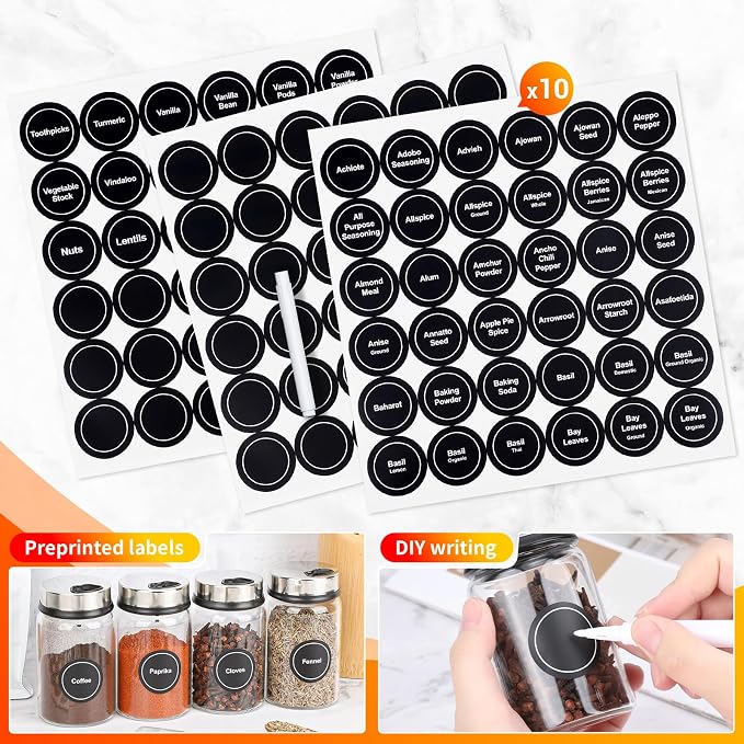 Segarty Preprinted Spice Labels, 432 Round Black Printed Pantry Labels and Blank Stickers with 1 Chalk Marker Set, Reusable Write-on Stickers for Spice Jars Rack, Food Containers, Seasoning Bottles
