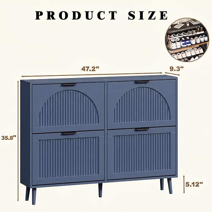 Shoe Storage Cabinet with 4 Flip Drawers, Narrow Wood Shoe Organizer Cabinet with Fluted Panel, Slim Shoe Rack for Entryway, Freestanding Shoe Cabinet for Living Room, Hallway, Blue