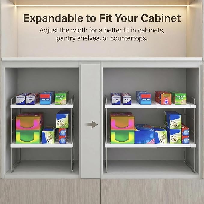 YAN & HIN 2 Pack Expandable Cabinet Organizer Shelf, 3-Tier Kitchen Cabinet Organizer for Tupperware & Food Container Storage, Adjustable Pantry Shelf Organizer for Bottles, Lids & Countertop