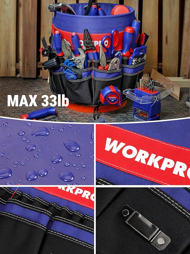 WORKPRO Bucket Tool Organizer with 51 Pockets Fits to 3.5-5 Gallon Bucket (Tools Excluded) | For Garden, Construction, Carpenter, Electrician, Welding