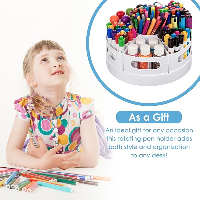 CraftGenes Art Supply Organizer, Extra Large 360 Degree Rotating Desk Organizer with 7 Removable Compartments, Marker Organizer and Craft Caddy for Kids, Teachers, Classroom, Home Office, White
