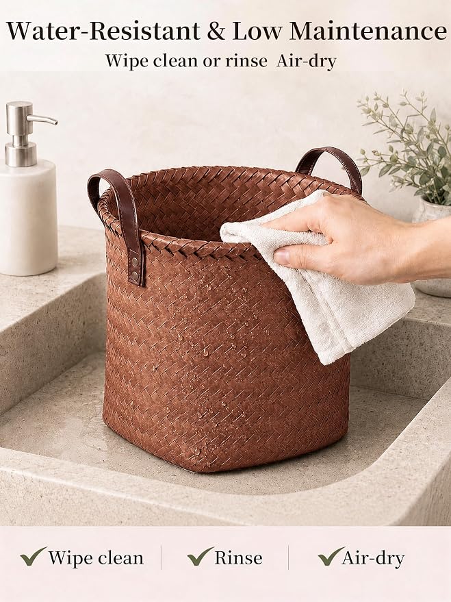 Hand Woven Baskets for Storage, 4Pcs Water-Resistant Wicker Baskets, Brown Wicker Storage Baskets for Shelves, Large Basket with Handle for Organizing, Closet, Laundry, Blanket - Round