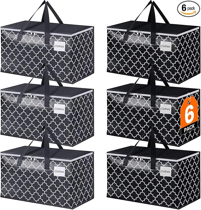 Extra Large Moving Bags, Heavy-Duty Storage Totes with Zipper Top and Sturdy Handles, Moving Supplies for Space Saving and Packing, Collapsible Storage Bags, Black & Gray, 88L, 6-Pack