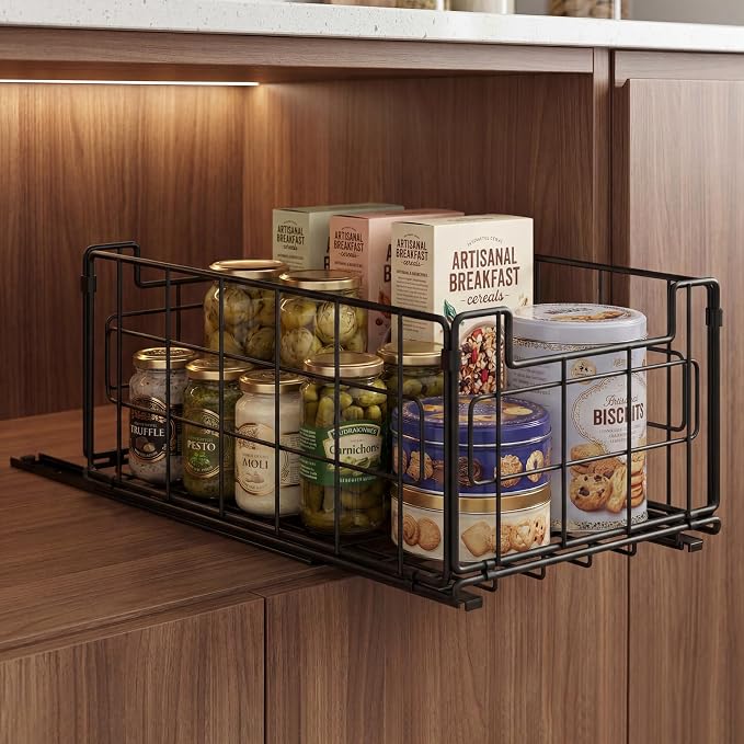 Pull Out Cabinet Sliding Basket Organizer, No Drill, Black | Heavy Duty Slide Out Drawer for Kitchen Cabinet, Adhesive Sliding Shelves for Kitchen Bathroom Home, 13.8"D x 8.5"W x 6.3"H