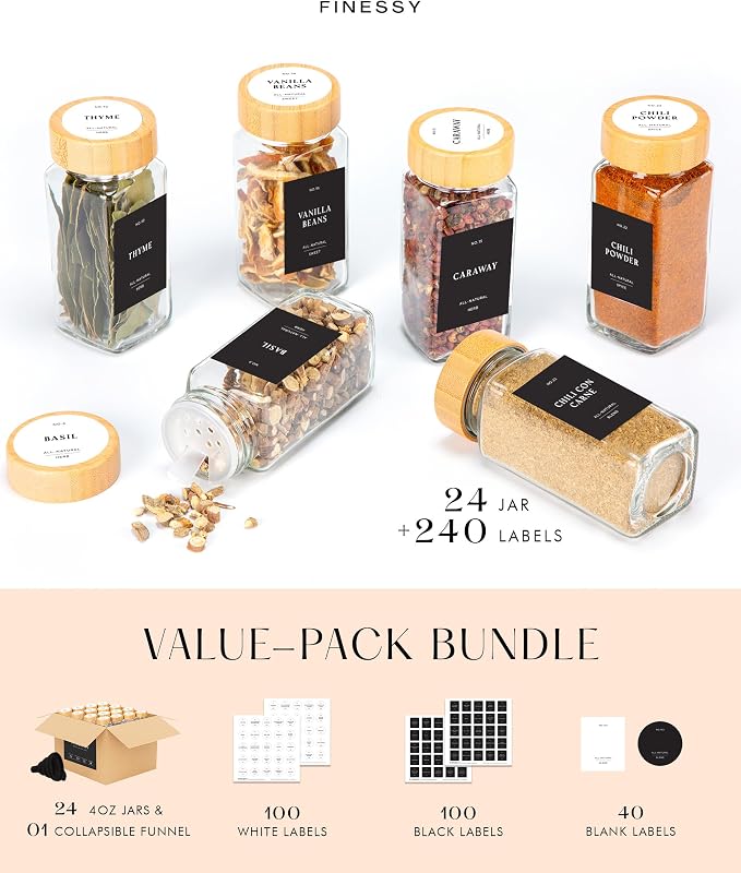 FINESSY Thick, Empty, Square Glass Spice Jars With Bamboo Lids, 4oz 24 Pack | Seasoning Containers With Labels, Airtight Lids, Shakers, 240 Waterproof Labels (120 Black Rectangular, 120 White Circular)