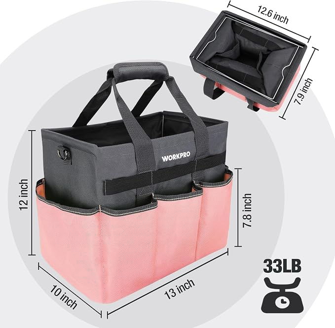 WORKPRO Garden Tool Bag, 10 Pockets and Shoulder Strap, Pink | Heavy Duty Gardening Organizer Tote Bag Standable Garden Home Tool Kits Organizer (Tools are not Included)