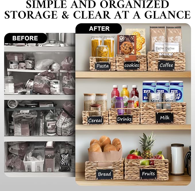 Set of 4 Sizes Hand-Woven Pantry Shelf Baskets, Hyacinth Storage Baskets with Chalkboard Labels & 2 Chalk Markers, Wicker Nestable Shelf Basket Set for Organizing Pantry Laundry Shelves