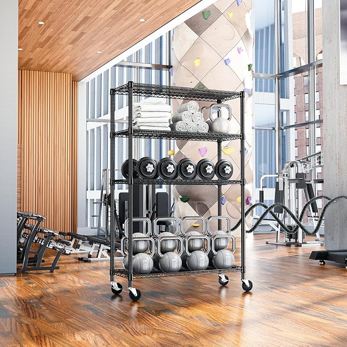Wire Shelving Unit with Wheel, 53 inch Wide shelving for Pantry and Garage | 1200 LBS Adjustable Heavy Duty Shelves, 4 Tiers Rolling Metal Storage Rack for Basement, 23.6" D x 53.1" W x 73.6" H