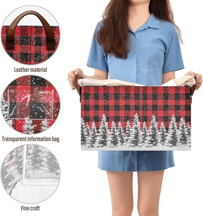 Xmas Tree Red and Black Buffalo Plaid Storage Basket Foldable Cube Storage Bins with Handles&Label Waterproof Organizer Box Bin Large Rectangle Decorative Baskets for Shelves Home Room Laundry-2 Pack