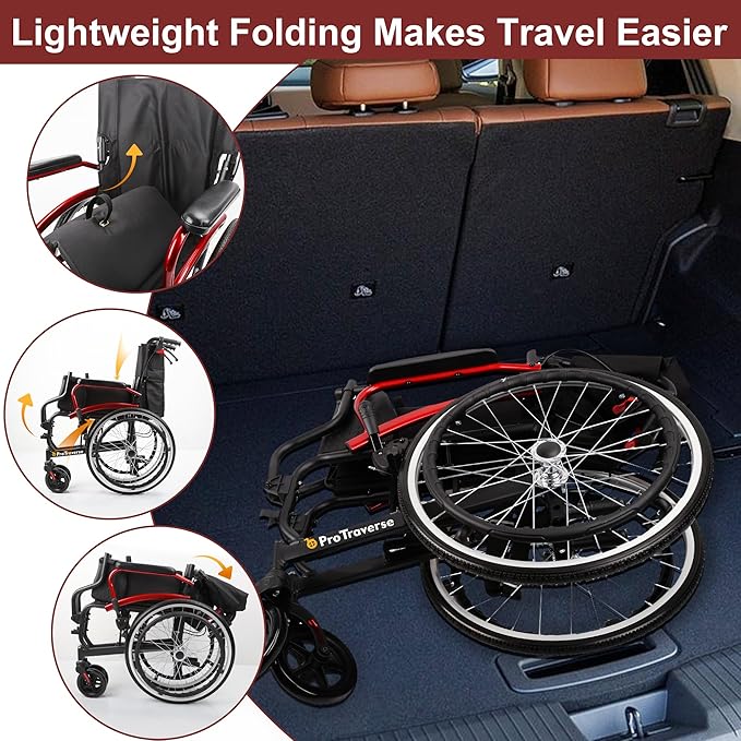 Wheelchairs for Adults,self-propelled Transport Chair,Foldable and Portable Travel Wheelchair with Swing-Away Footrests,Lightweight Transfer Wheelchairs for Adults adnd Seniors（Red）