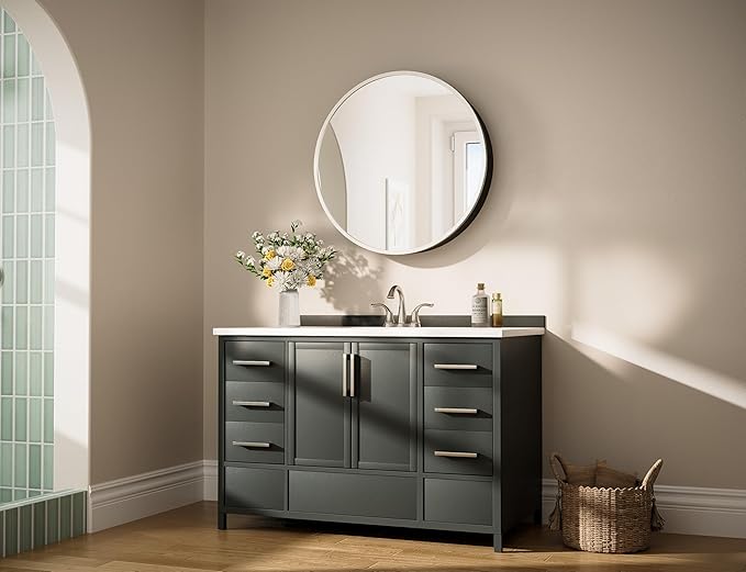 Keonjinn Round Brushed Nickel Medicine Cabinet Mirror for Bathroom, 26 Inch Surface Mount Medicine Cabinet with Mirror, Circular Framed Mirrored Medicine Cabinets, Modern Cabinet with Vanity Mirror