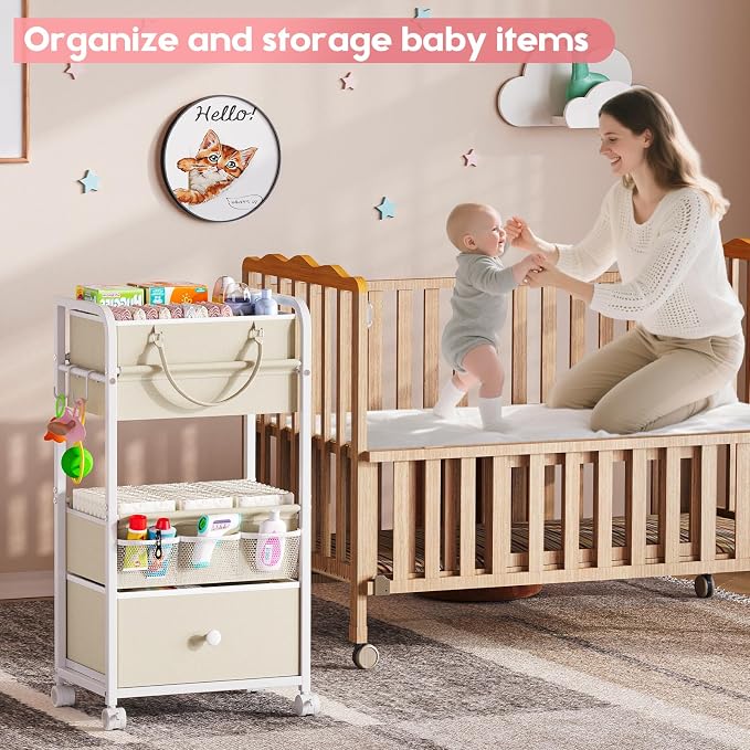 Cidaziya 2In1 Baby Diaper Caddy Organizer and Storage, 3 Tier Rolling Cart with Drawer, Detachable Dividers, Mobile Utility Cart Baby Dresser Clothes Organizer for Baby Essentials, Bedroom, Nursery