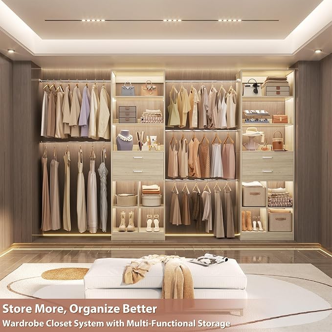 Besiost Closet System, 7.4ft-10ft with 4 Wooden Drawers and 5 Hanging Rods, Can Fit 88 to 123 inch Walk-in Closet System, White Oak