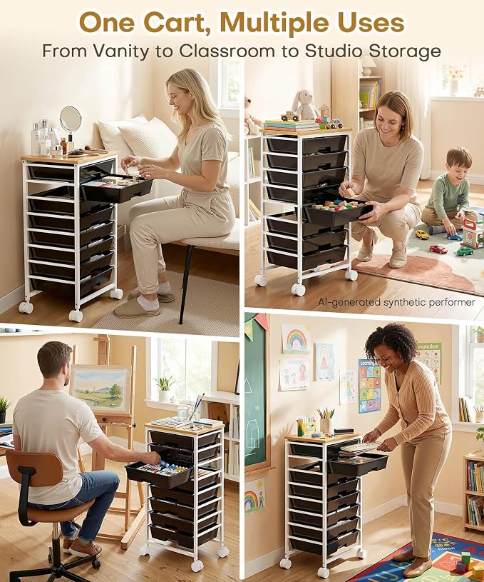 Homde Rolling Storage Drawer Cart: 8-Drawer Sort to Clear Desk & Dresser Clutter - Anti-Fall Smooth Glide Prevents Spill-Out During Daily Grab - Lockable Wheels Keep It Steady