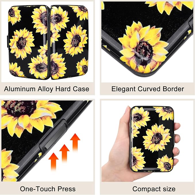 ELFISH Mini RFID Aluminum Wallet Credit Cards Holder Business Card Case Metal ID Case for Men Women (Yellow sunflower)