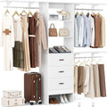 Besiost Closet System with Drawer - 8FT Wood Closet Organizer System with 3 Hanging Rods and Shelving Tower, 96" Walk In Closet Organizer Wardrobe, Heavy Duty Garment Rack Clothes Rack, White