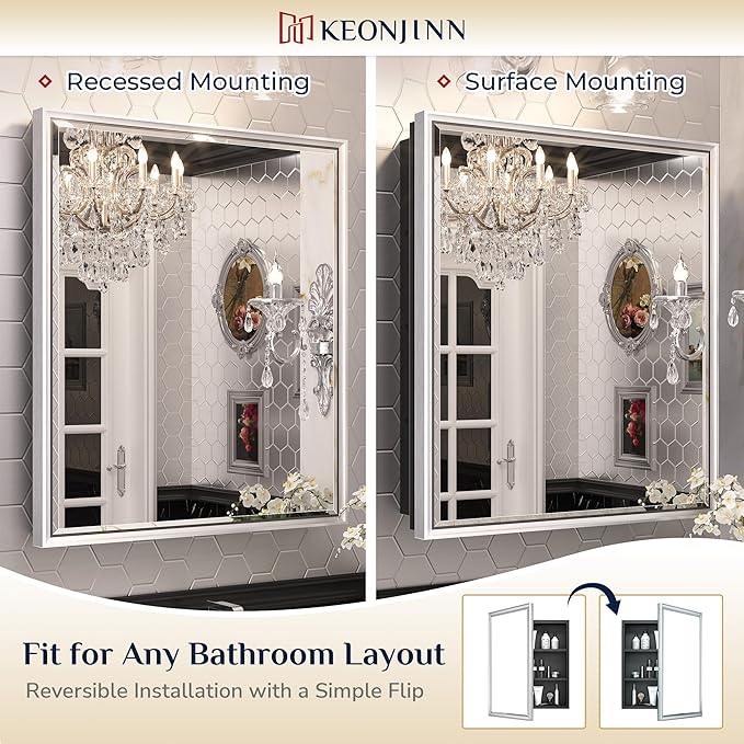 Keonjinn 17" x 25" Silver Bathroom Medicine Cabinets with Mirror, Recessed or Surface Wall-Mounted Aluminum Alloy Framed Beveled Mirror with Storage, 2 Adjustable Shelves for Bath Modern