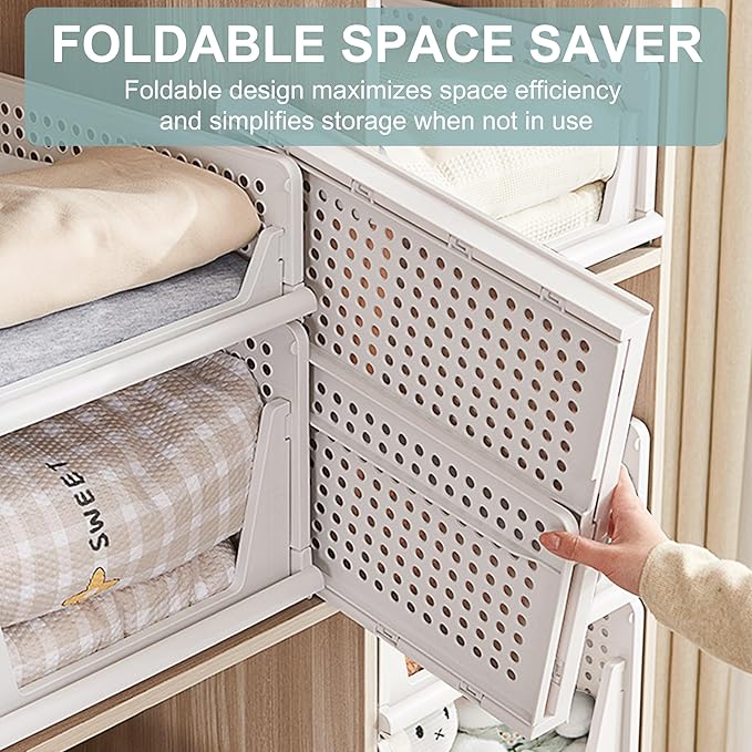 Goderewild Stackable Foldable Storage Baskets, Folding Storage Bins, Closet Organizers and Plastic Drawer Shelf Storage Container for Wardrobe, Cupboard, Kitchen, Bathroom, Office (White, 4L)