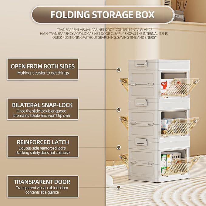 16 QT / 4 Gal Foldable Storage Cabinet with Clear Double Doors Organizer, Transparent Front & Back, Pull to Setup, Rolling Storage Bin for Closet/Living Room