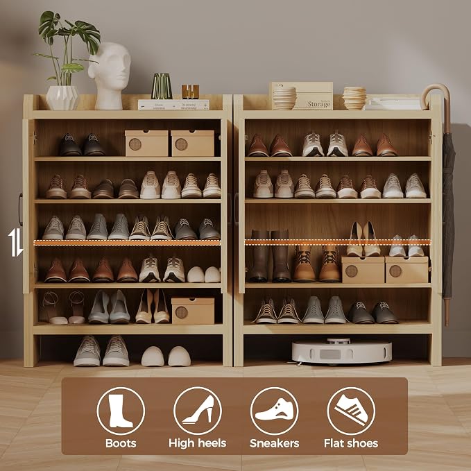 Mericonia 6-Tier Shoe Cabinet Storage for Entryway, Rattan Shoes Organizer Cabinets with Doors, Wooden Shoe Rack, Farmhouse Boho Wood Storage Cabinet (Oak, 6-Tier)