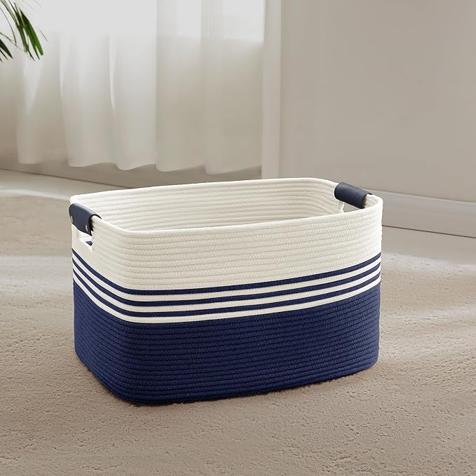 45L Small Woven Laundry Basket Hamper with Leather Handles,Navy | 18"x14"x11", collapsible wicker hamper, storage for dirty clothes, toys, blankets, gifts, living room, bedroom, bathroom