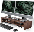 Fenge 31.5 Inch Dual Monitor Stand Riser for Desk, Brown | Wooden Desk Shelf, 2-Tier Open Storage Compartment, for PC Laptop Screen Printer, Home Office Desktop Organizer