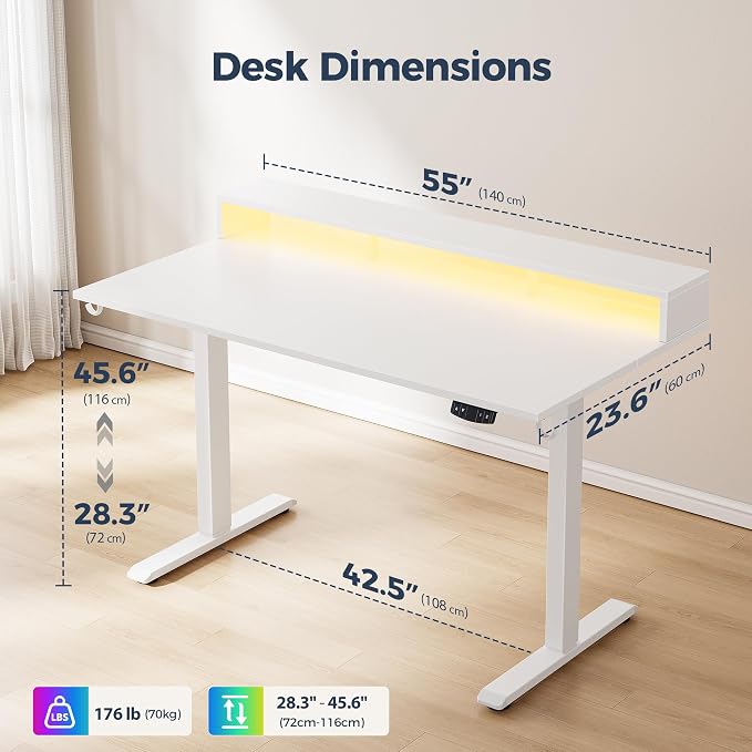 Klicelor Electric Standing Desk with Shelf, 55 Inch Height Adjustable Desk with Power Outlets & LED, Sit Stand Up Table with Monitor Stand, Computer Workstation for Home Office, White