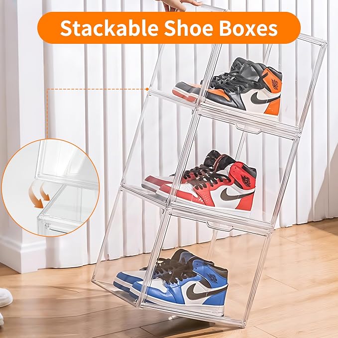3 Pack Clear Acrylic Sneaker Shoe Display Case,Shoe Storage Boxes Stackable,Acrylic Boxes for Shoes Display with Lid,Boot Storage Organizer for Tall Boot,Purse Handbag Organizer for Closet